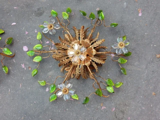 1970′ Pair of Ceiling Lights or Wall Lamps Decorated with Flowers and Leaves in Golden Metal Maison Baguès or Banci Style Leaves in Green Colored Glass