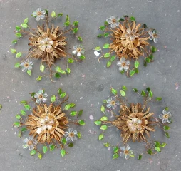 1970′ Pair of Ceiling Lights or Wall Lamps Decorated with Flowers and Leaves in Golden Metal Maison Baguès or Banci Style Leaves in Green Colored Glass