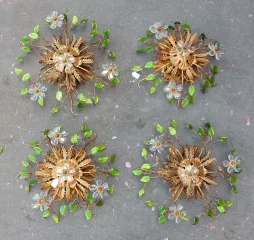1970′ Pair of Ceiling Lights or Wall Lamps Decorated with Flowers and Leaves in Golden Metal Maison Baguès or Banci Style Leaves in Green Colored Glass