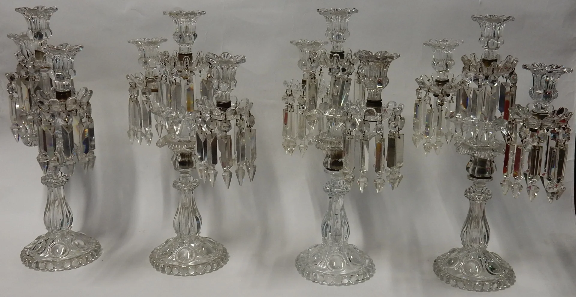 1950′ Series of 4 Candlesticks With 2 Branches Beaded Bases And Signed In Relief BACCARAT