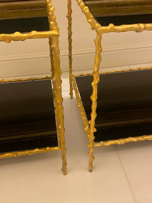 1970′ Pair of Sofa Ends In Gilt Bronze Plant Decor Maison Jansen Blackened Glass Trays