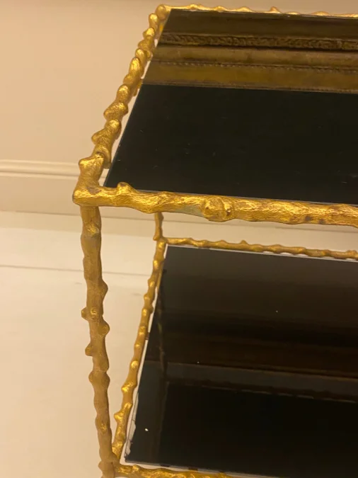 1970′ Pair of Sofa Ends In Gilt Bronze Plant Decor Maison Jansen Blackened Glass Trays