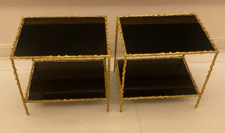 1970′ Pair of Sofa Ends In Gilt Bronze Plant Decor Maison Jansen Blackened Glass Trays