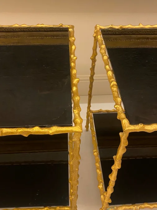 1970′ Pair of Sofa Ends In Gilt Bronze Plant Decor Maison Jansen Blackened Glass Trays