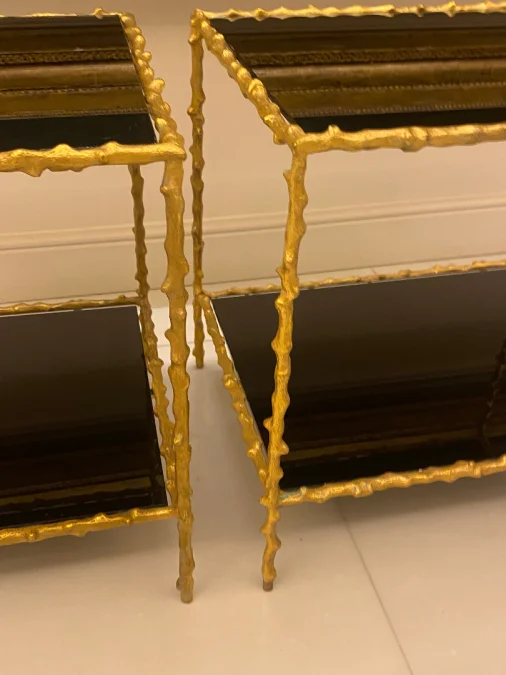 1970′ Pair of Sofa Ends In Gilt Bronze Plant Decor Maison Jansen Blackened Glass Trays