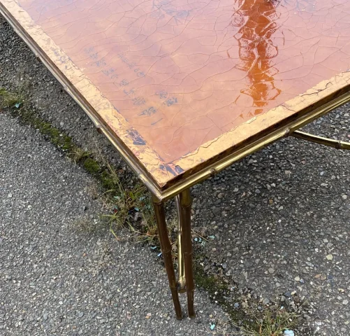 1970′ Table Basse Double Piétement Bronze Modèle Bambou Maison Baguès Laque De Chine