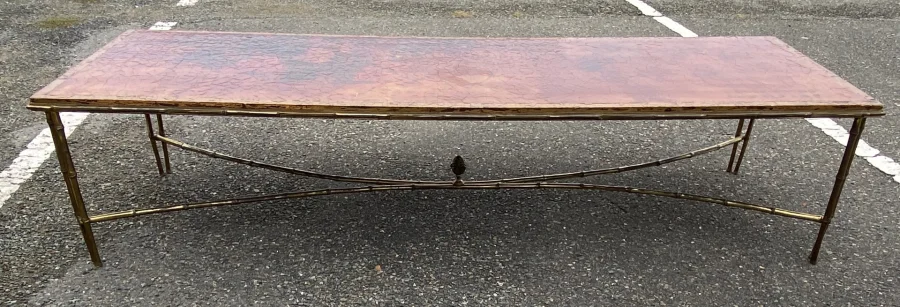 1970′ Double Coffee Table Bronze Base Bamboo Model Maison Baguès Chinese Lacquer