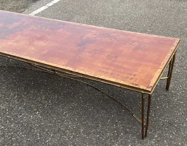 1970′ Table Basse Double Piétement Bronze Modèle Bambou Maison Baguès Laque De Chine