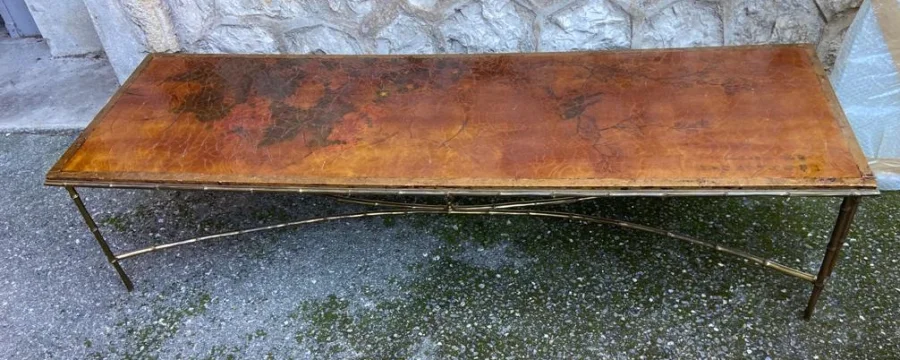 1970′ Double Coffee Table Bronze Base Bamboo Model Maison Baguès Chinese Lacquer