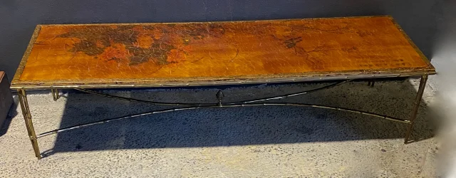 1970′ Table Basse Double Piétement Bronze Modèle Bambou Maison Baguès Laque De Chine