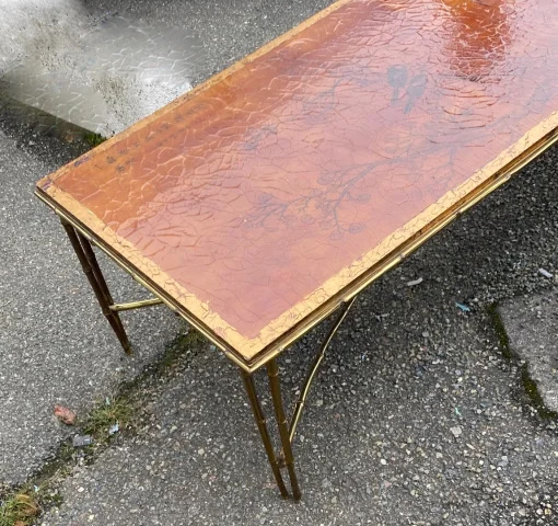 1970′ Table Basse Double Piétement Bronze Modèle Bambou Maison Baguès Laque De Chine