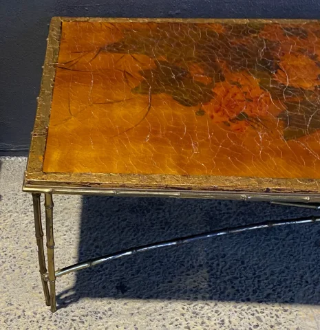 1970′ Table Basse Double Piétement Bronze Modèle Bambou Maison Baguès Laque De Chine