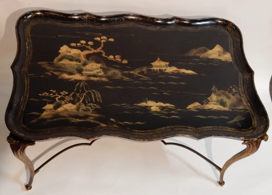 1940/50 Table Basse Plateau Laque de Chine Maison Baguès en Bronze