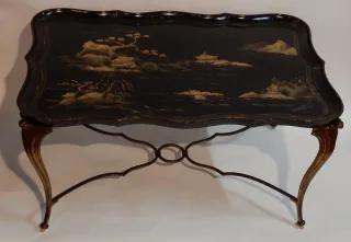 1940/50 Table Basse Plateau Laque de Chine Maison Baguès en Bronze