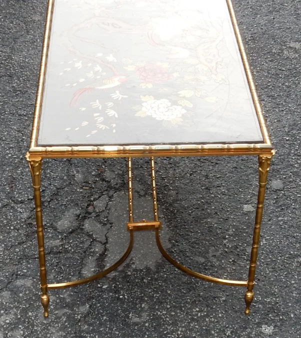 1950/70′ Bronze Coffee Table Palm Tree Decor, Chinese Lacquer Top Maison Baguès Style