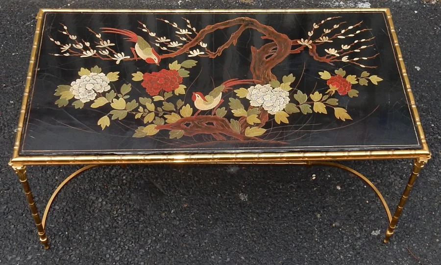 1950/70′ Bronze Coffee Table Palm Tree Decor, Chinese Lacquer Top Maison Baguès Style