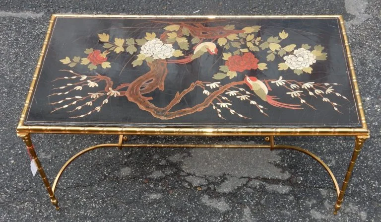 1950/70′ Bronze Coffee Table Palm Tree Decor, Chinese Lacquer Top Maison Baguès Style