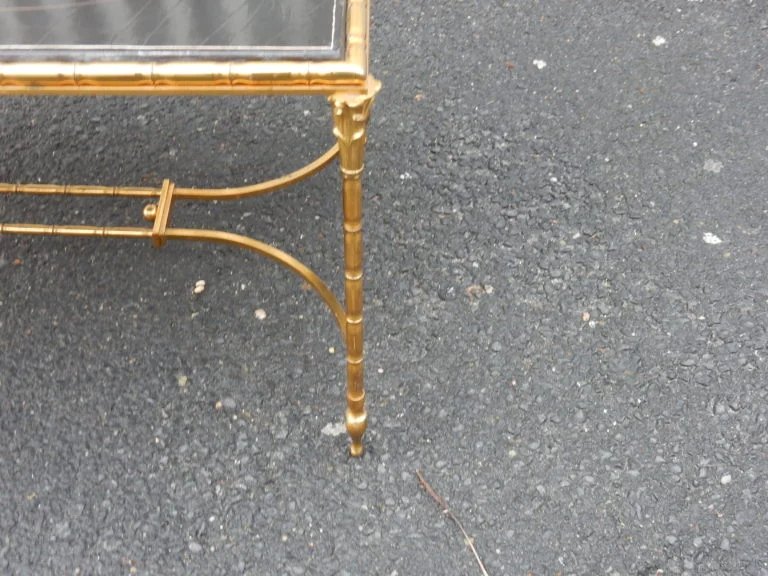 1950/70′ Bronze Coffee Table Palm Tree Decor, Chinese Lacquer Top Maison Baguès Style