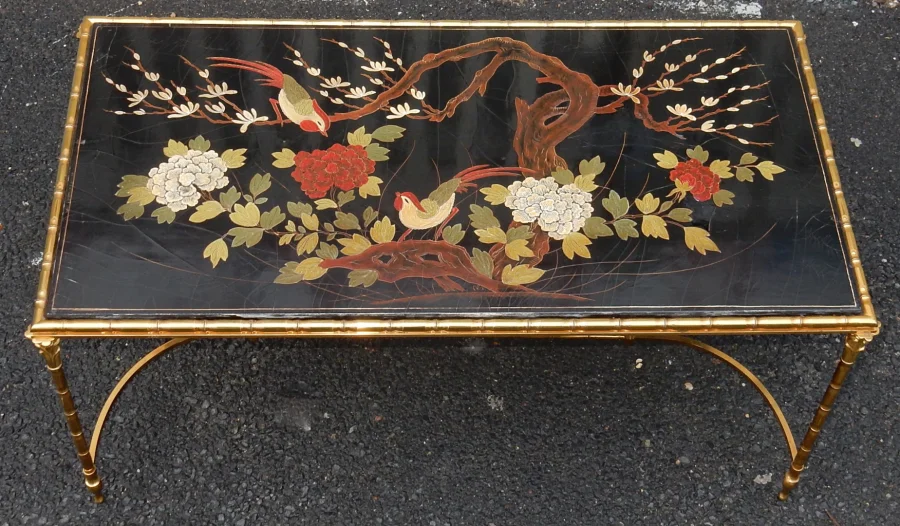 1950/70′ Bronze Coffee Table Palm Tree Decor, Chinese Lacquer Top Maison Baguès Style
