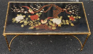 1950/70′ Bronze Coffee Table Palm Tree Decor, Chinese Lacquer Top Maison Baguès Style