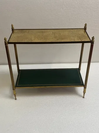 1950/70′ Bout De Canapé Rectangulaire Maison Bagués Laiton et Bronze Plateaux Feuilles d or Fixées Sous Verre et Avec Flammes Olympiques