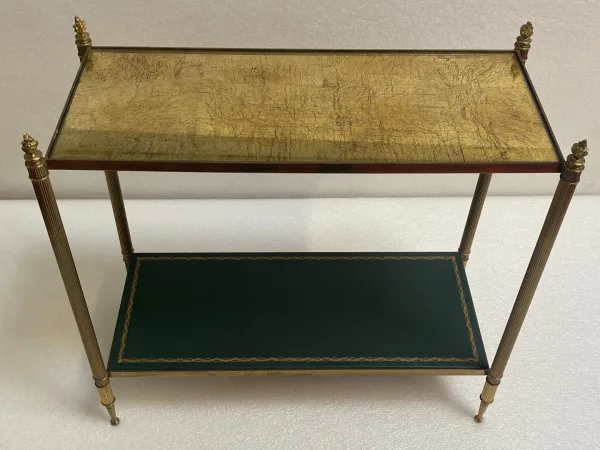 1950/70′ Bout De Canapé Rectangulaire Maison Bagués Laiton et Bronze Plateaux Feuilles d or Fixées Sous Verre et Avec Flammes Olympiques