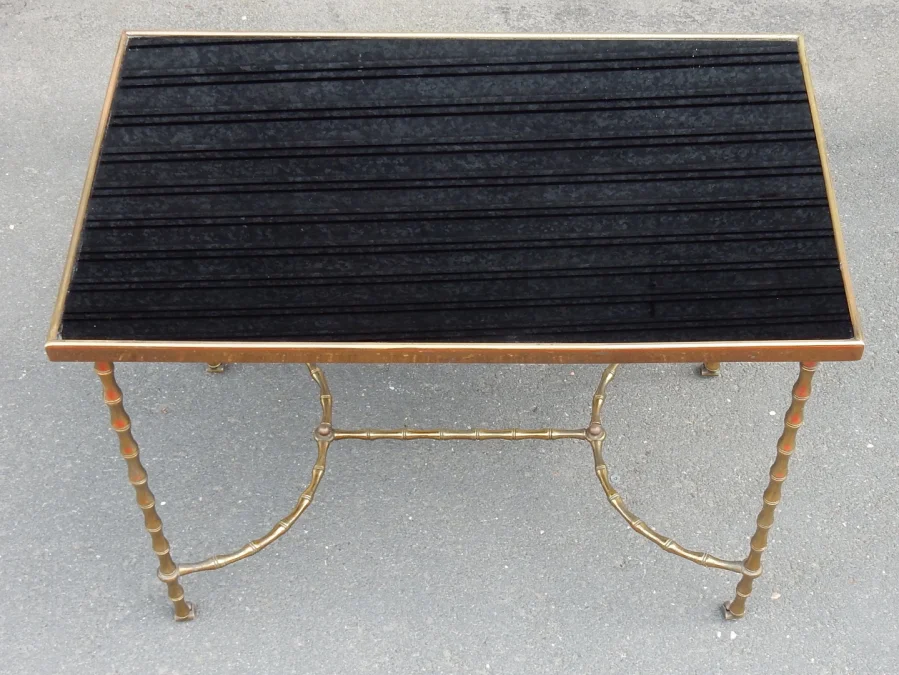 1970′ Table Basse à Roulettes Maison Baguès Décor Bambou en Laiton et Opaline