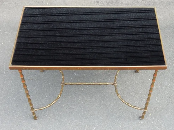 1970′ Table Basse à Roulettes Maison Baguès Décor Bambou en Laiton et Opaline