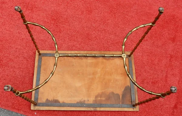 1970′ Table Basse à Roulettes Maison Baguès Décor Bambou en Laiton et Opaline