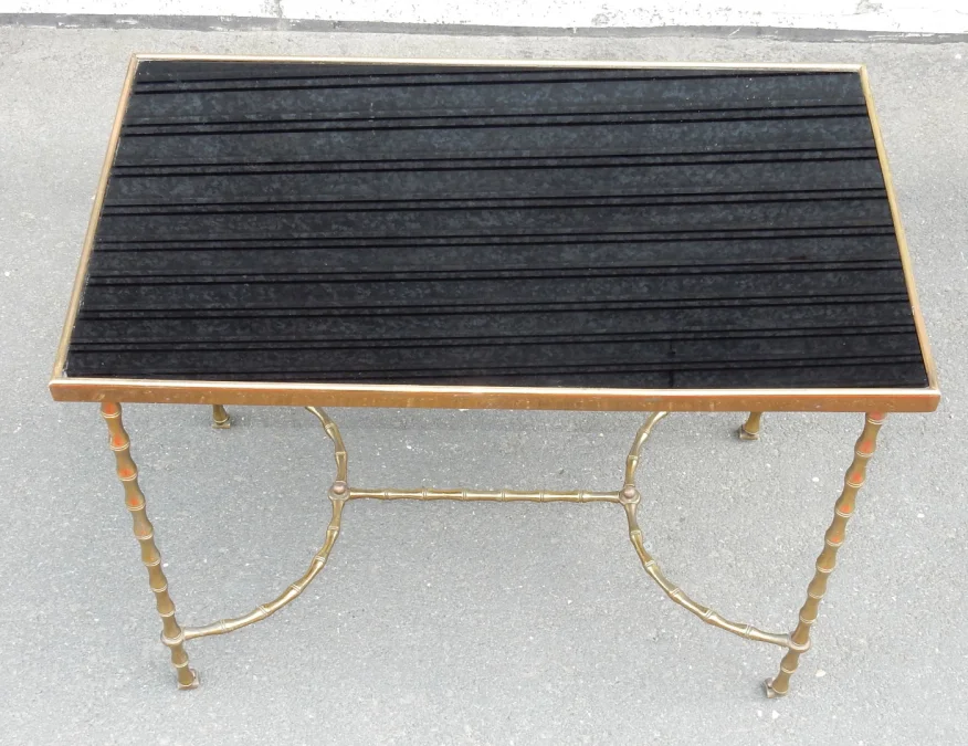 1970′ Table Basse à Roulettes Maison Baguès Décor Bambou en Laiton et Opaline