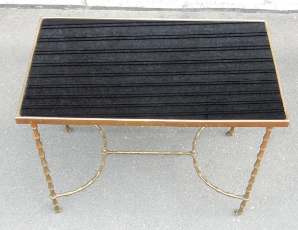 1970′ Table Basse à Roulettes Maison Baguès Décor Bambou en Laiton et Opaline
