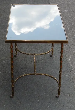 1970′ Table Basse à Roulettes Maison Baguès Décor Bambou en Laiton et Opaline