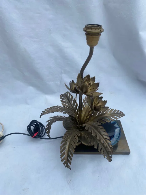 1970′ Water Lily Lamp In Gilt Bronze And Agate DLG Duval Brasseur Or Isabelle Faure