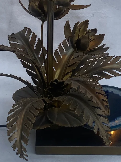 1970′ Water Lily Lamp In Gilt Bronze And Agate DLG Duval Brasseur Or Isabelle Faure