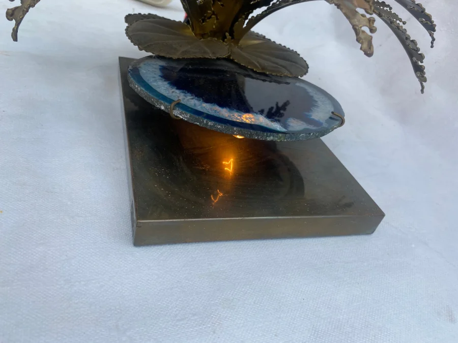 1970′ Water Lily Lamp In Gilt Bronze And Agate DLG Duval Brasseur Or Isabelle Faure