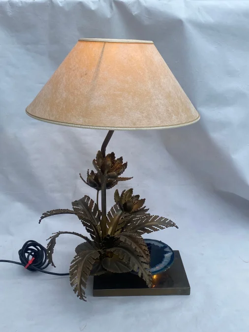 1970′ Water Lily Lamp In Gilt Bronze And Agate DLG Duval Brasseur Or Isabelle Faure