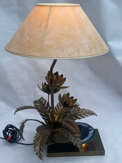 1970′ Water Lily Lamp In Gilt Bronze And Agate DLG Duval Brasseur Or Isabelle Faure
