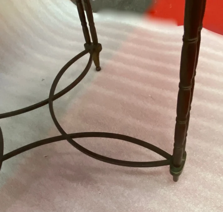 1950/70′ Round Bronze Coffee Table Palm Tree Decor, Black Chinese Lacquer Top Maison Baguès Style