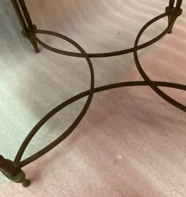 1950/70′ Round Bronze Coffee Table Palm Tree Decor, Black Chinese Lacquer Top Maison Baguès Style