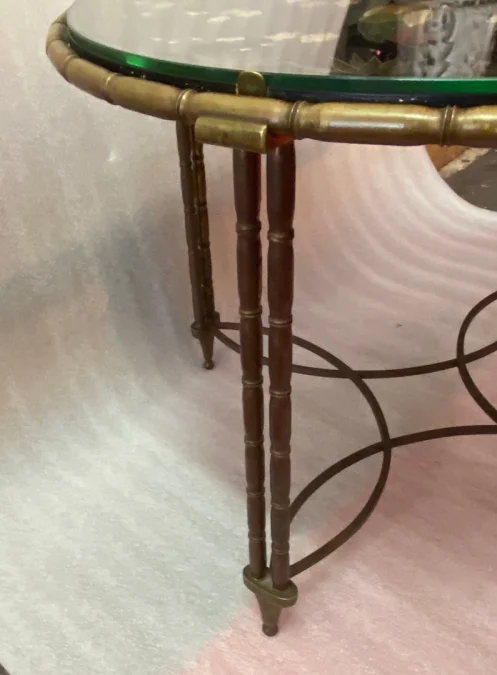 1950/70′ Round Bronze Coffee Table Palm Tree Decor, Black Chinese Lacquer Top Maison Baguès Style