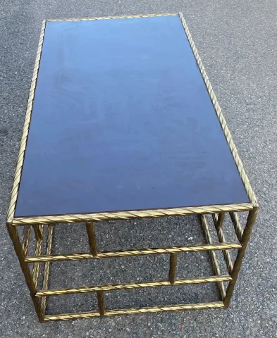 1970′ Table Basse En Bronze Oxydé Plateau Laqué