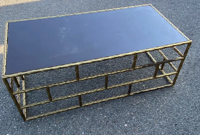 1970′ Table Basse En Bronze Oxydé Plateau Laqué