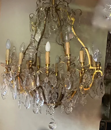 1900/1920′ Lustre Cage en Bronze Doré 4 Bras 16 Lumières