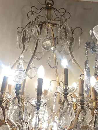 1900/1920′ Lustre Cage en Bronze Doré 4 Bras 16 Lumières
