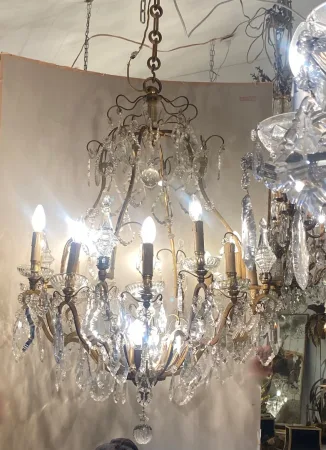 1900/1920′ Lustre Cage en Bronze Doré 4 Bras 16 Lumières