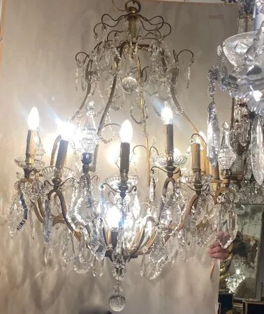 1900/1920′ Lustre Cage en Bronze Doré 4 Bras 16 Lumières
