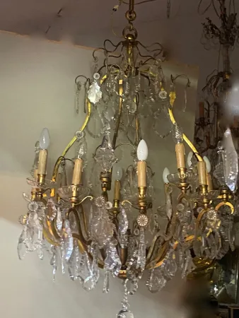 1900/1920′ Lustre Cage en Bronze Doré 4 Bras 16 Lumières
