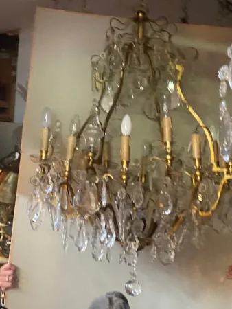 1900/1920′ Lustre Cage en Bronze Doré 4 Bras 16 Lumières