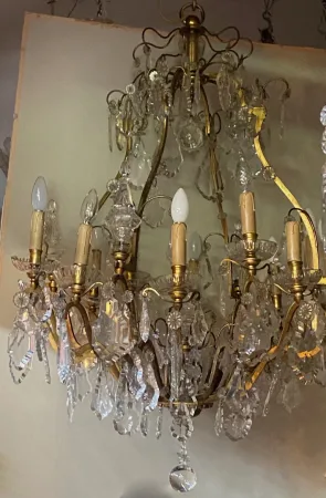 1900/1920′ Lustre Cage en Bronze Doré 4 Bras 16 Lumières