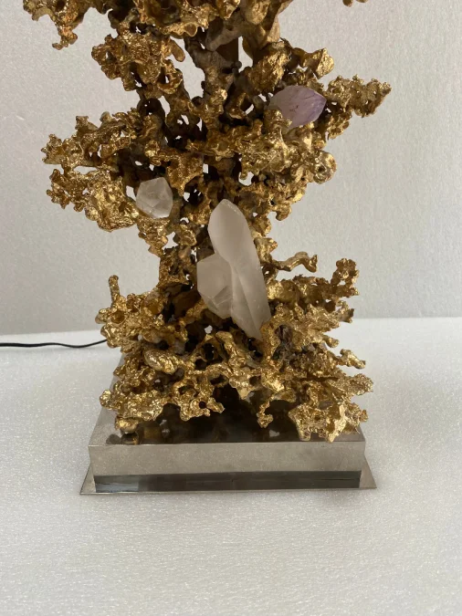 1970′ Coral Decor Lamp in Gilt Bronze and Amethyst And Rock Crystal Signed Boeltz